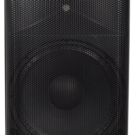Close-up of the QTX QUEST-15A 880W active PA speaker by AVSL, showing the black moulded polypropylene cabinet and perforated metal grille over the woofer.