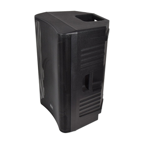 QTX QUEST-15A active PA speaker in black moulded polypropylene, angled view showing mesh grille, side handle and ridged cabinet on a white background.