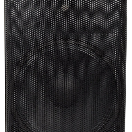 Close-up of the QTX QUEST-15 passive PA speaker by AVSL with black polypropylene enclosure and perforated metal grille over the 15-inch woofer.