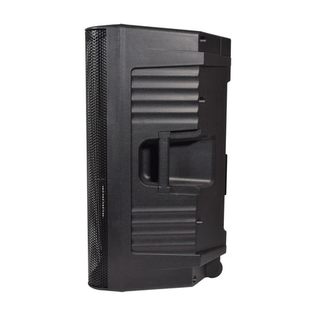 Side view of QTX QUEST-15 passive PA speaker cabinet in black moulded polypropylene with ribbed side handle and mesh grille, on a white background.