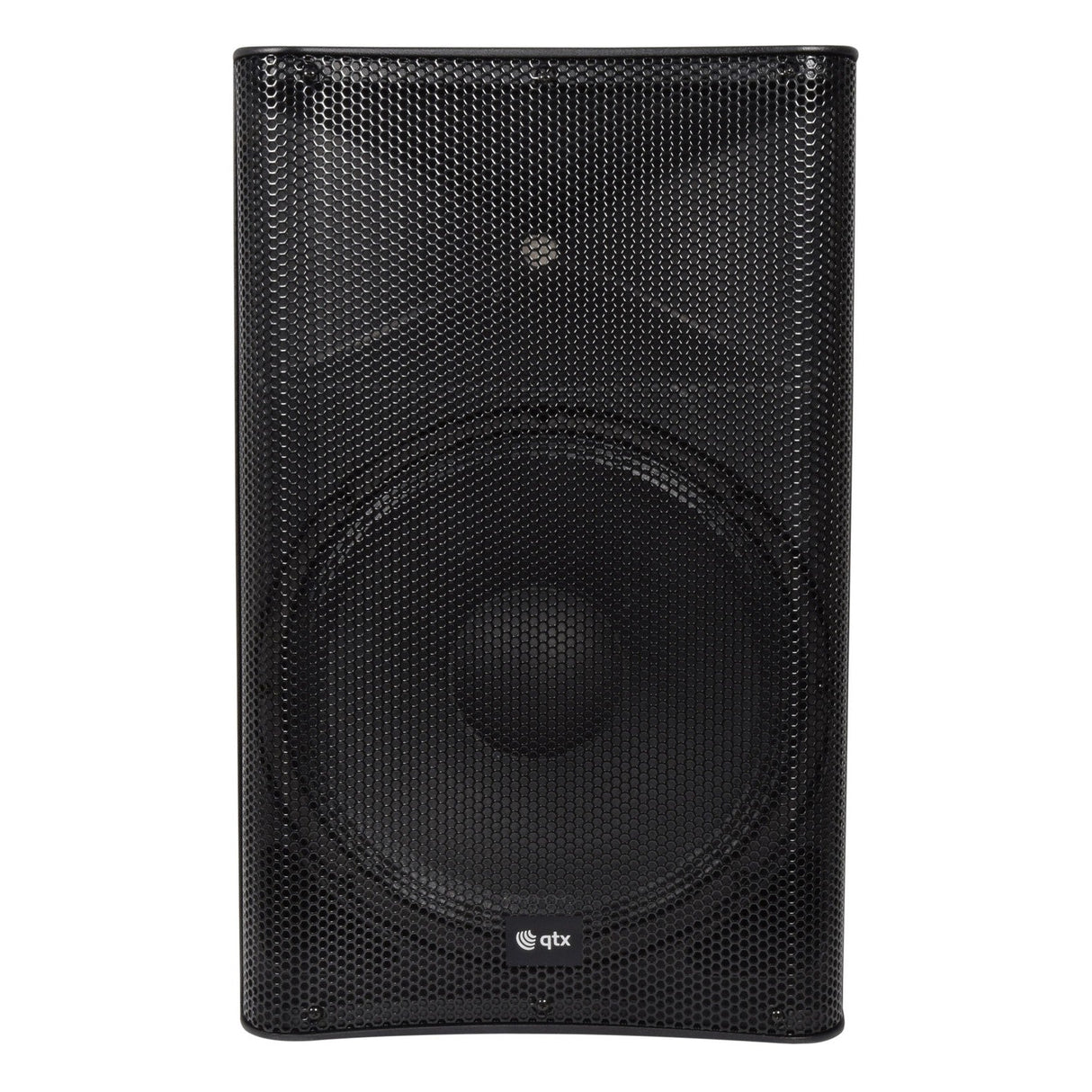 The QTX QUEST-15 15" Passive PA Cabinet - 220W in black features a high-impact polypropylene housing and a mesh front grille, showcasing a central speaker cone and the logo at the bottom. Its sleek rectangular design is enhanced by robust build quality, offering durability and superior performance.