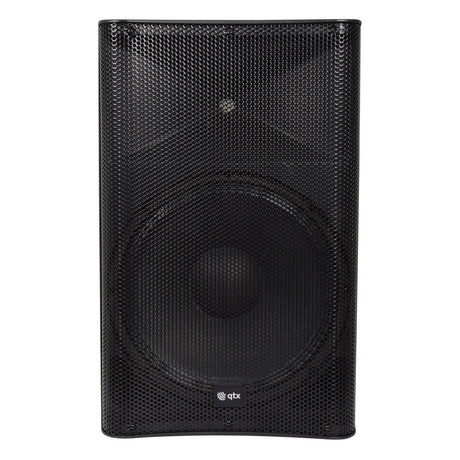 The QTX QUEST-15 15" Passive PA Cabinet - 220W in black features a high-impact polypropylene housing and a mesh front grille, showcasing a central speaker cone and the logo at the bottom. Its sleek rectangular design is enhanced by robust build quality, offering durability and superior performance.