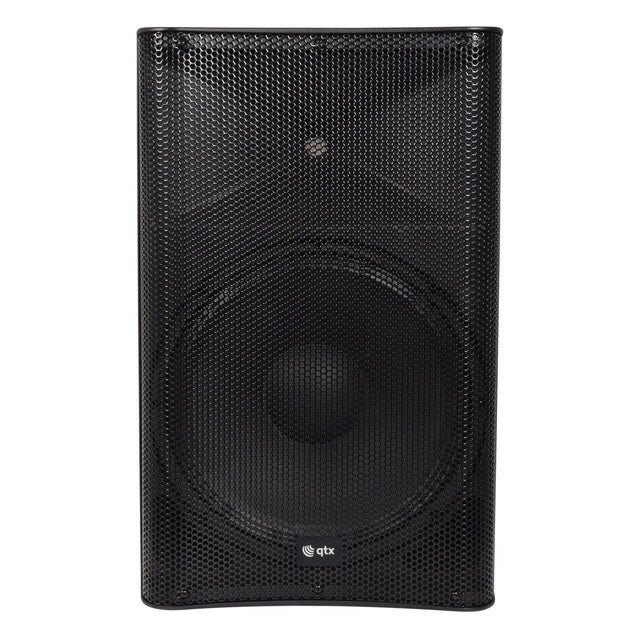 The QTX QUEST-15 15" Passive PA Cabinet - 220W in black features a high-impact polypropylene housing and a mesh front grille, showcasing a central speaker cone and the logo at the bottom. Its sleek rectangular design is enhanced by robust build quality, offering durability and superior performance.
