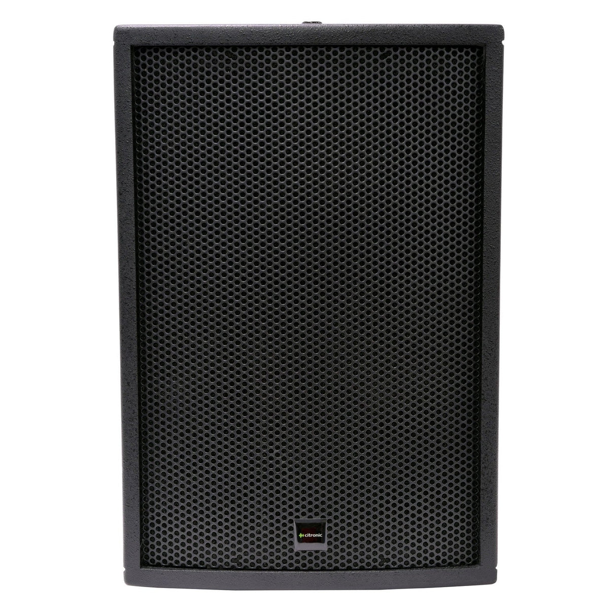 The Citronic CS-810B 8" 100W Passive Speaker in black, featuring a rectangular design with a metal grille cover, exudes premium quality performance. The brand's logo is prominently displayed at the bottom center, enhancing its simple and modern aesthetic.
