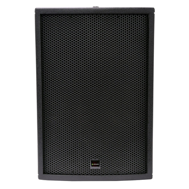The Citronic CS-810B 8" 100W Passive Speaker in black, featuring a rectangular design with a metal grille cover, exudes premium quality performance. The brand's logo is prominently displayed at the bottom center, enhancing its simple and modern aesthetic.