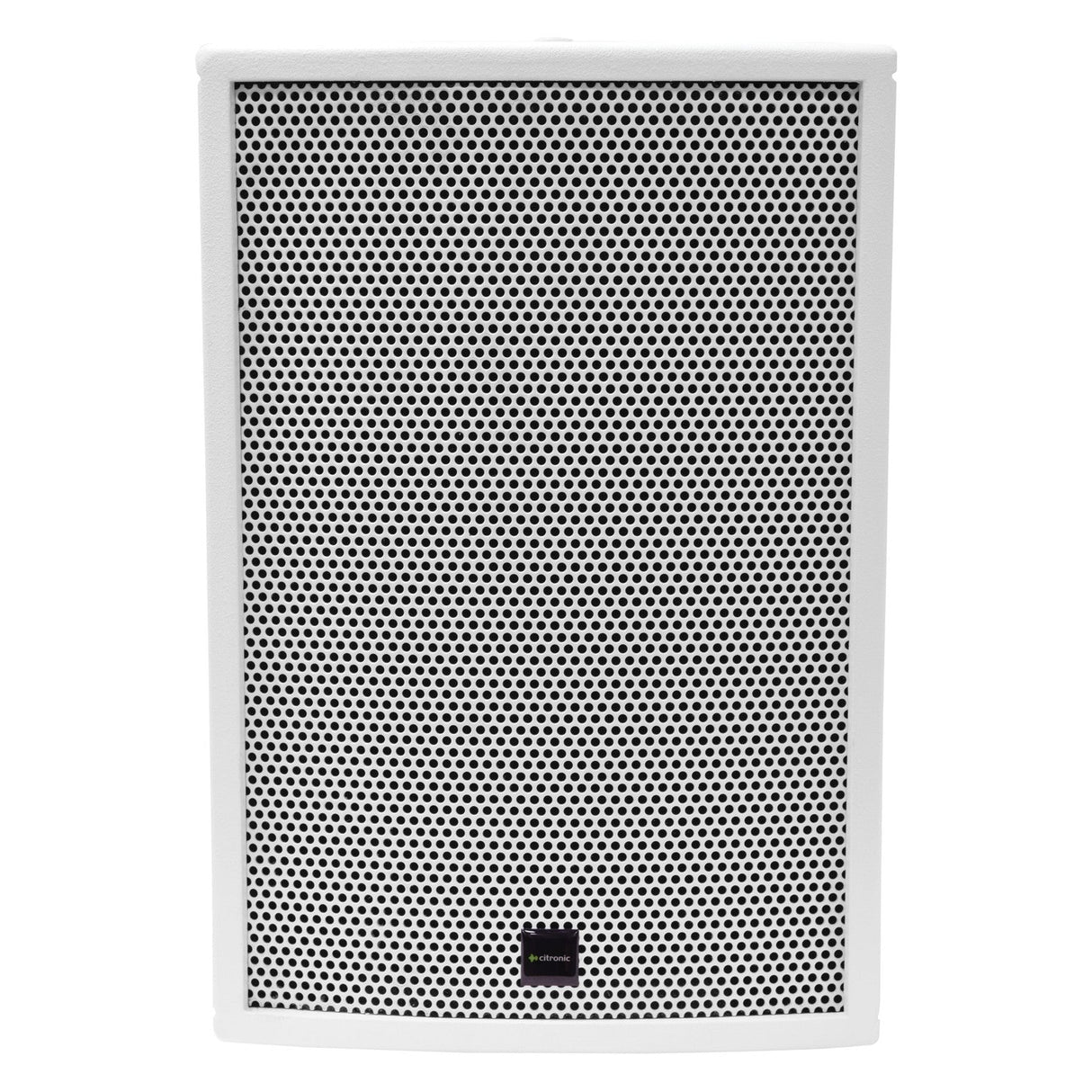 Front view of the Citronic CS-810W 8" 100W Passive Speaker in white, showcasing a black mesh grill with a sleek black rectangular logo at the bottom center. The minimalist design exudes modernity and ensures premium quality performance.