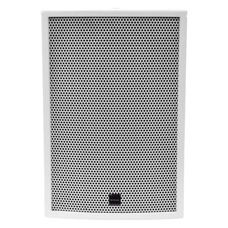 Front view of the Citronic CS-810W 8" 100W Passive Speaker in white, showcasing a black mesh grill with a sleek black rectangular logo at the bottom center. The minimalist design exudes modernity and ensures premium quality performance.