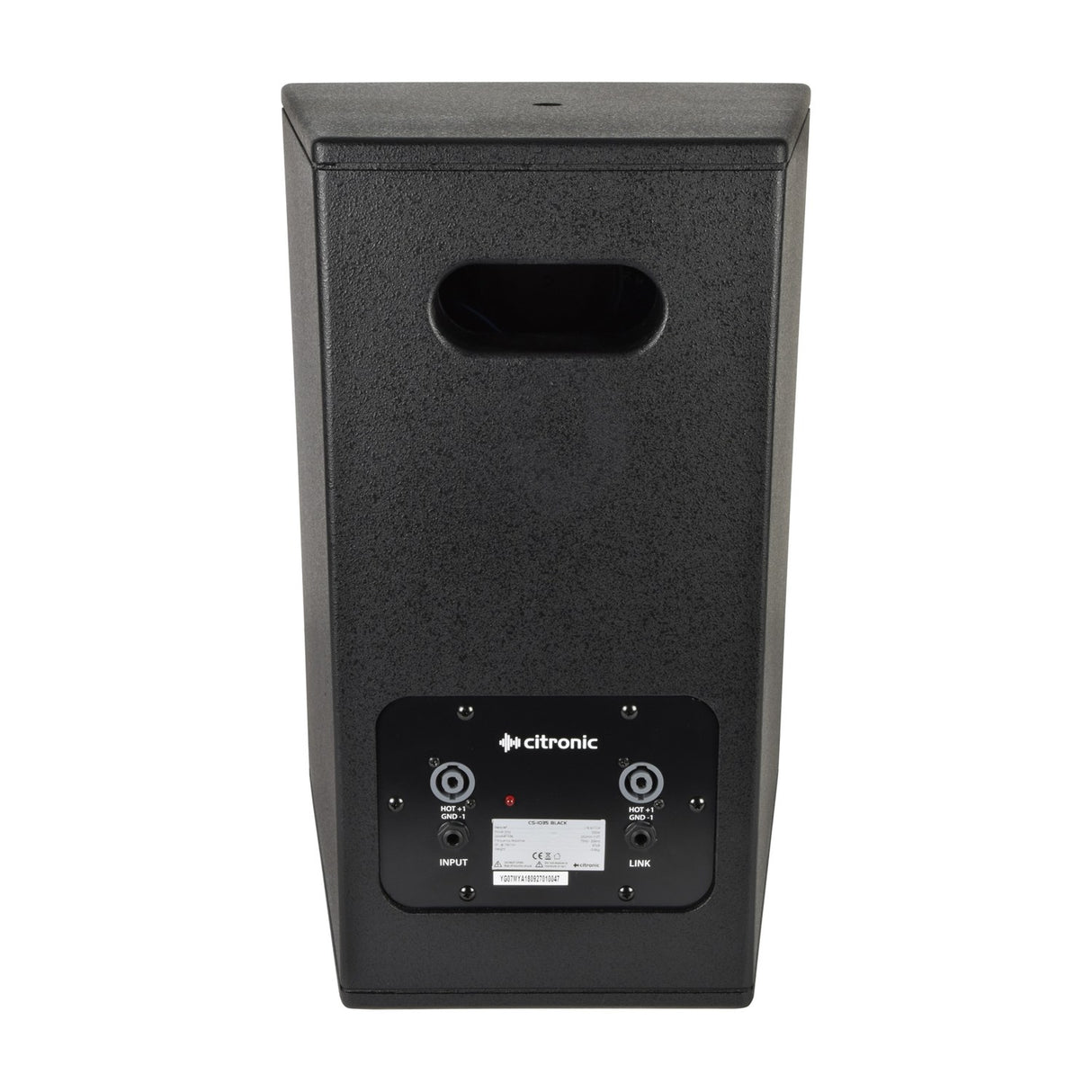 Rear view of Citronic CS-1035B 10-inch passive installation speaker in black, showing port cutout and panel with two Speakon input and link sockets.