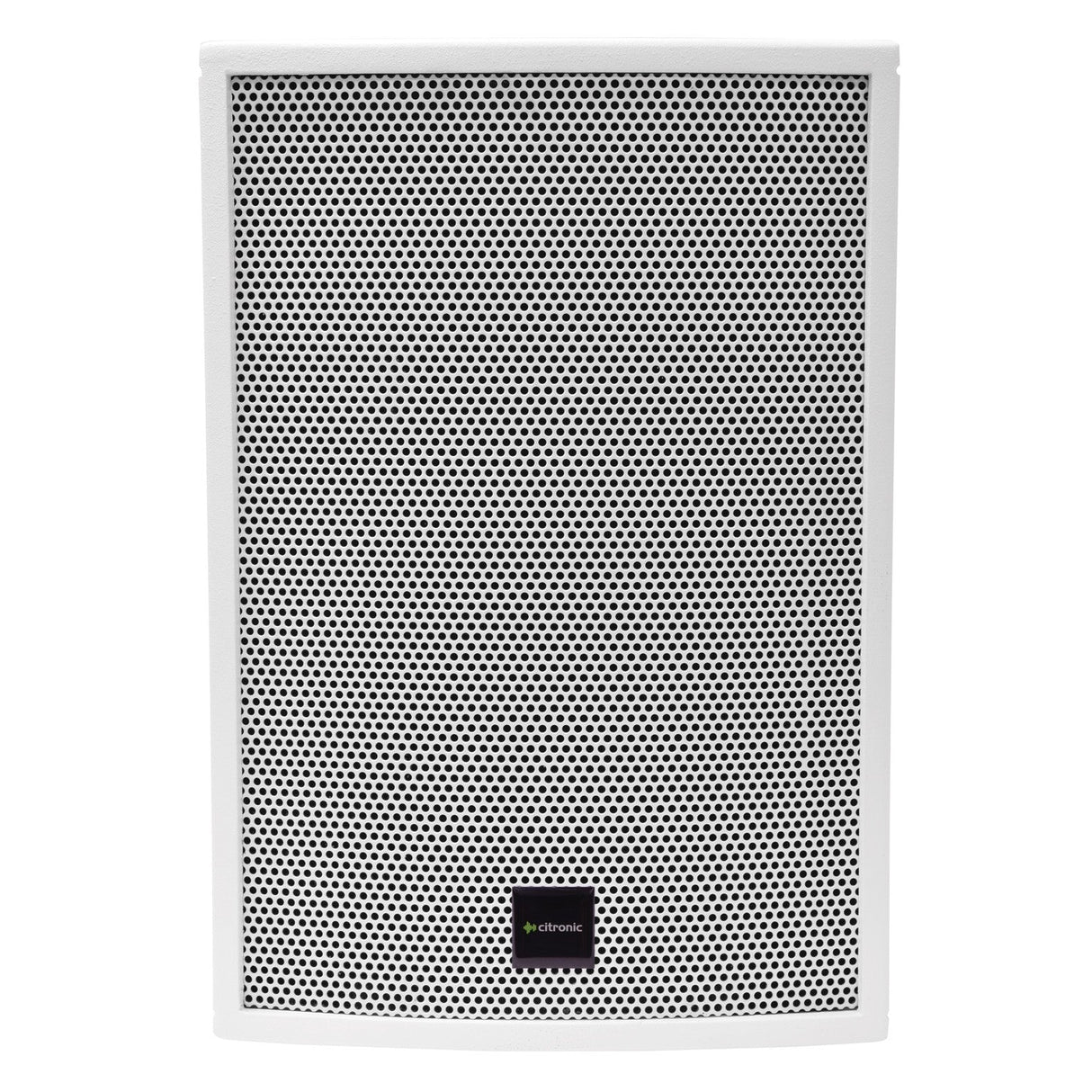 A front view of the Citronic CS-1035W 10" 350W Passive Speaker is shown, featuring a white perforated grille and a small black logo in the lower center with white and green text. The speaker has a rectangular design with slightly rounded edges, crafted from birch plywood cabinets for enhanced durability and optimized frequency response.