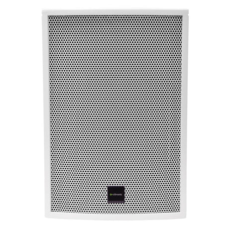 A front view of the Citronic CS-1035W 10" 350W Passive Speaker is shown, featuring a white perforated grille and a small black logo in the lower center with white and green text. The speaker has a rectangular design with slightly rounded edges, crafted from birch plywood cabinets for enhanced durability and optimized frequency response.
