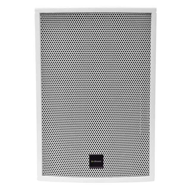 A front view of the Citronic CS-1035W 10" 350W Passive Speaker is shown, featuring a white perforated grille and a small black logo in the lower center with white and green text. The speaker has a rectangular design with slightly rounded edges, crafted from birch plywood cabinets for enhanced durability and optimized frequency response.