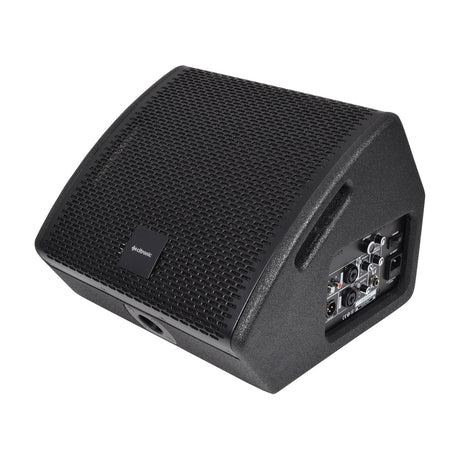 Citronic CM10A active Bluetooth wedge monitor speaker with black steel grille, side handle cut-out, and rear input panel with XLR, jack, and RCA connections.