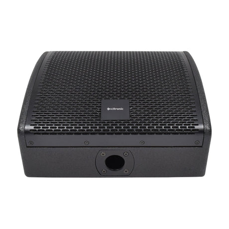 Citronic CM10A active Bluetooth wedge monitor speaker in matte black with arched steel grille and pole mount socket on the base.