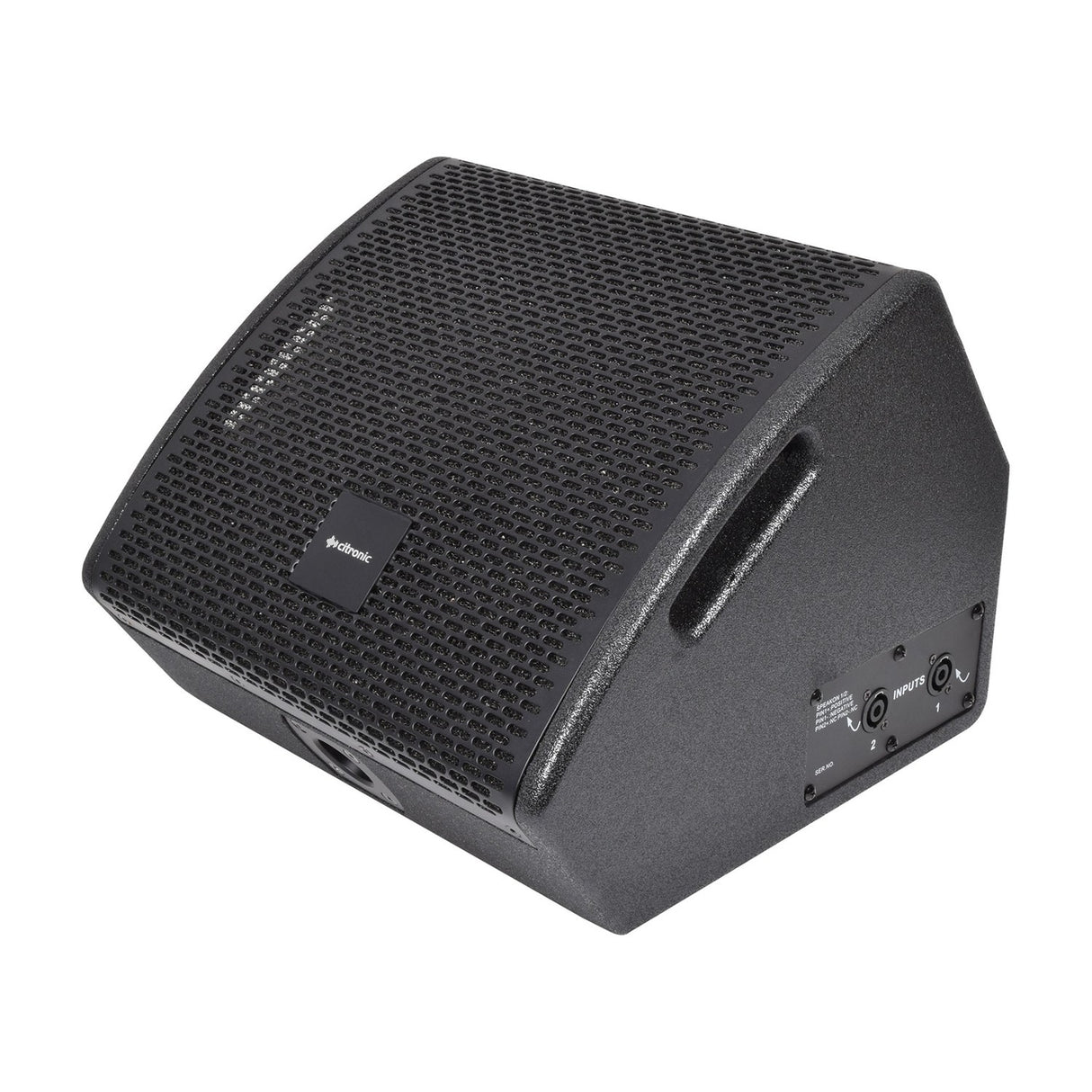 Citronic CM10 passive wedge monitor speaker with black texture-coated cabinet, arched steel grille, side handle cutout, and twin Speakon inputs on rear.