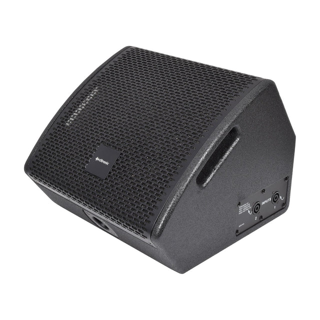 Citronic CM10 passive wedge monitor speaker with black texture-coated cabinet, arched steel grille, side handle cutout, and twin Speakon inputs on rear.