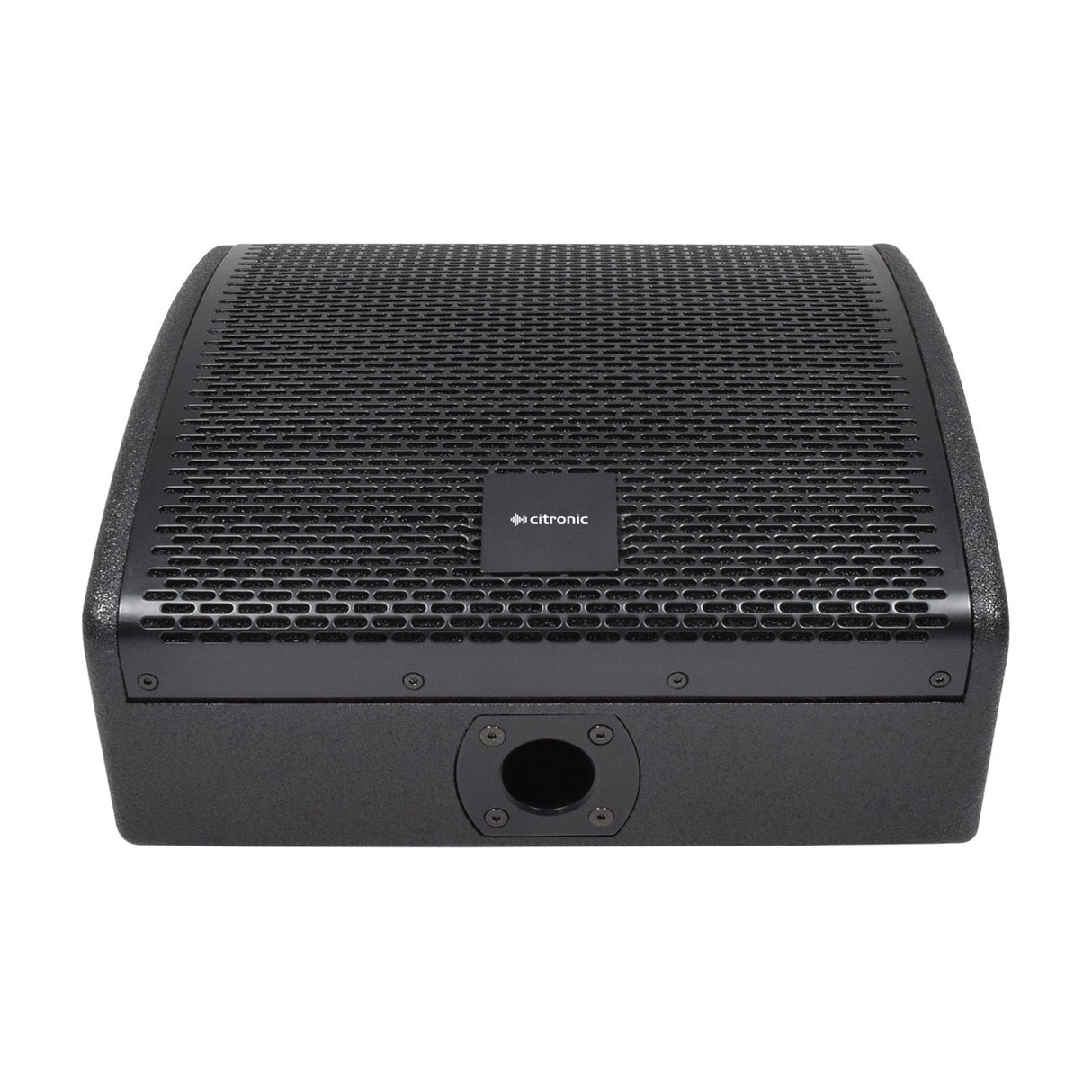 Citronic CM10 passive wedge monitor speaker in black with arched steel grille and pole-mount socket, shown from the rear on a plain background.