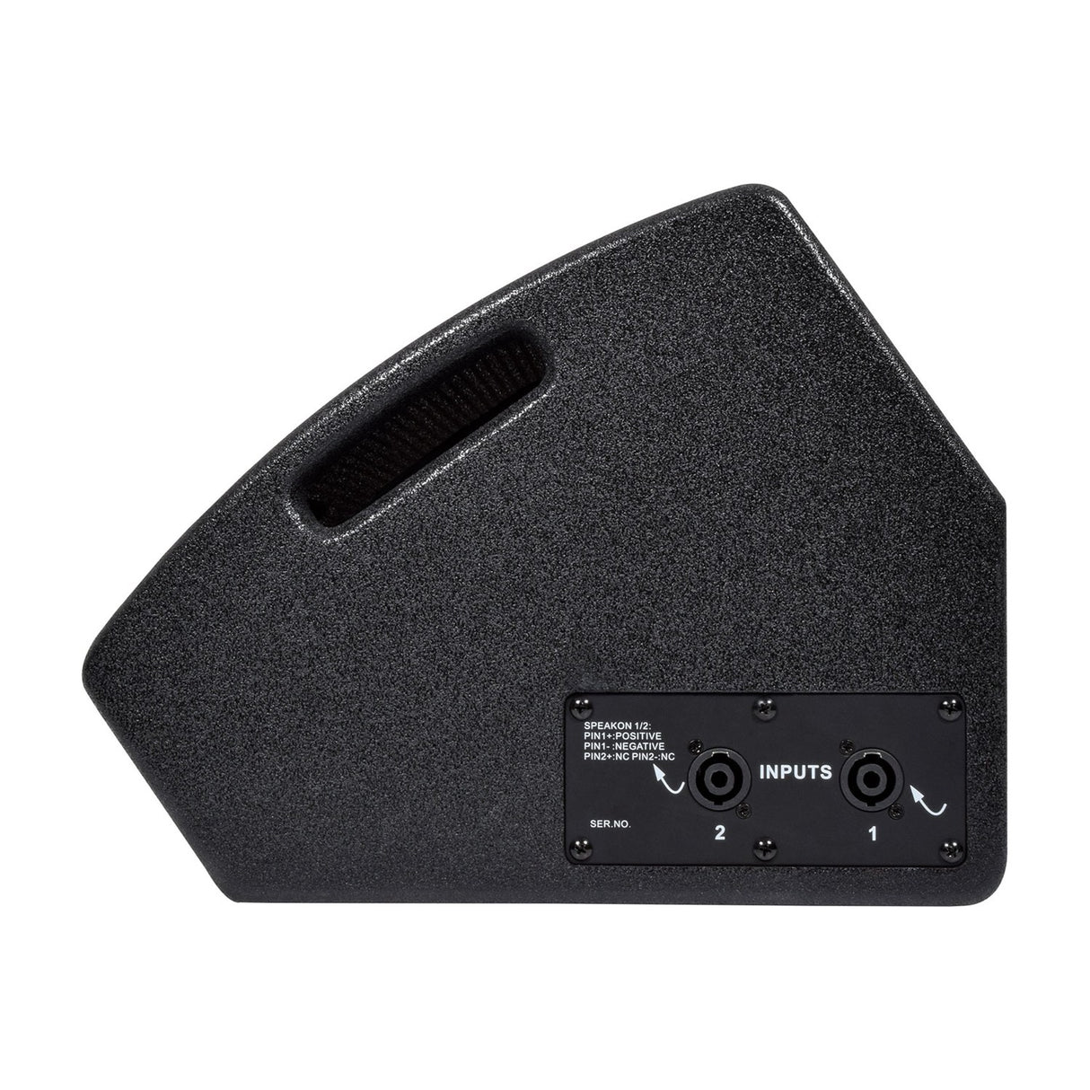 Side view of the Citronic CM10 passive wedge monitor speaker showing the angled black cabinet, top carry handle, and rear panel with two Speakon inputs.
