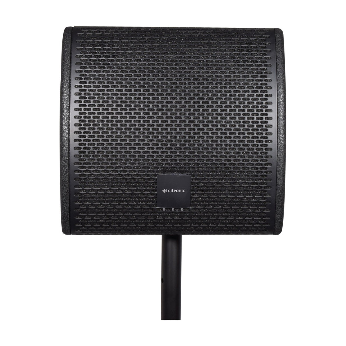 Citronic CM10 passive wedge monitor speaker mounted on a pole, showing the arched powder-coated steel grille and front logo badge.
