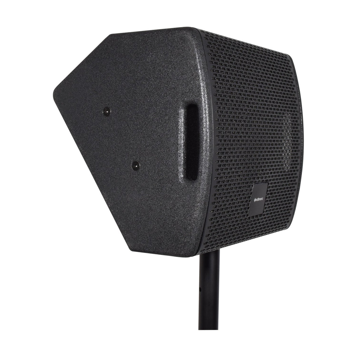 Citronic CM10 passive wedge monitor speaker in black texture-coated finish with steel grille and side handle cutout, shown pole-mounted on a stand.
