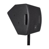 Citronic CM10 passive wedge monitor speaker in black texture-coated finish with steel grille and side handle cutout, shown pole-mounted on a stand.