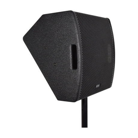 Citronic CM12A active wedge monitor mounted on a pole stand, angled cabinet with black textured finish and arched steel grille with side handle cut-out.