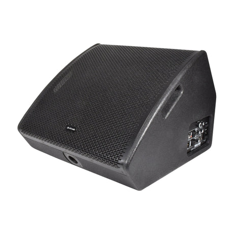 Citronic CM15A active wedge monitor with black textured cabinet, arched steel grille, side handle, pole mount socket, and rear input panel with Bluetooth.