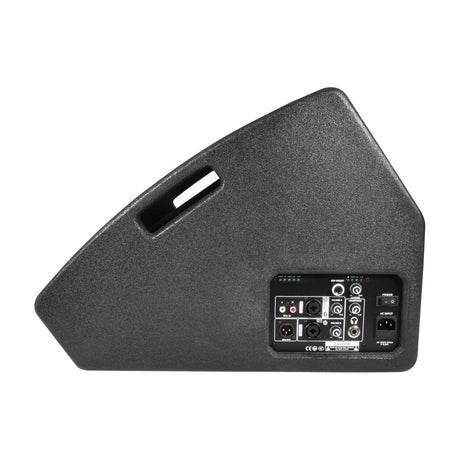 Side view of Citronic CM15A active wedge monitor in matte black, showing angled cabinet, side handle cutout, and rear panel with XLR, jack, RCA inputs.