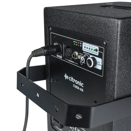 Rear panel of Citronic CUBA-6A active PA speaker on wall bracket, showing XLR mix out, line input, DSP mode presets and level controls.