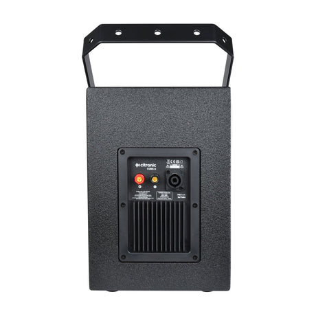 Rear view of the Citronic CUBA-6 passive PA speaker cabinet in black, showing the Speakon socket, 4mm binding posts, and U-bracket mount.