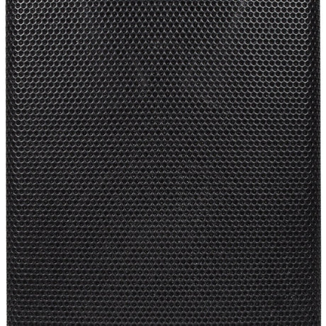 Close-up of the black powder-coated steel grille on the Citronic CUBA-8A Active PA Speaker by AVSL, showing its perforated mesh front.