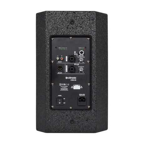 Rear view of the Citronic CUBA-8A active PA speaker showing DSP preset controls, XLR, jack and RCA inputs, level knobs, power switch and IEC mains inlet.