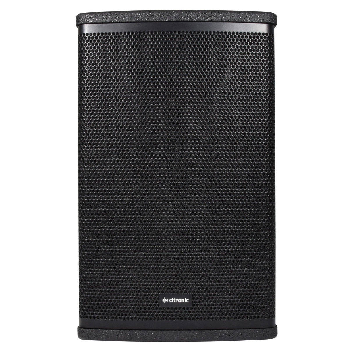 The Citronic CUBA-8A 8" Active Full-Range Cabinet - 250W in black features a perforated metal grille and rounded edges, powered by a class-D amplifier. The front panel proudly displays the Citronic logo near the bottom center and includes a Bluetooth receiver for seamless connectivity.