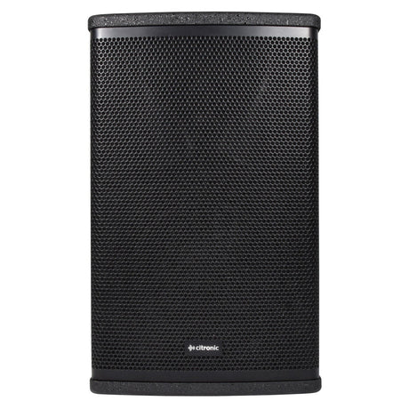 The Citronic CUBA-8A 8" Active Full-Range Cabinet - 250W in black features a perforated metal grille and rounded edges, powered by a class-D amplifier. The front panel proudly displays the Citronic logo near the bottom center and includes a Bluetooth receiver for seamless connectivity.