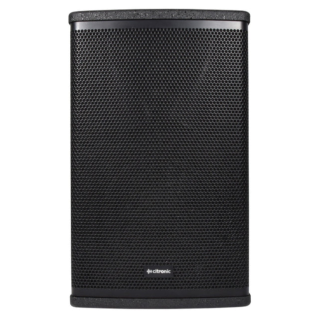 The Citronic CUBA-8A 8" Active Full-Range Cabinet - 250W in black features a perforated metal grille and rounded edges, powered by a class-D amplifier. The front panel proudly displays the Citronic logo near the bottom center and includes a Bluetooth receiver for seamless connectivity.