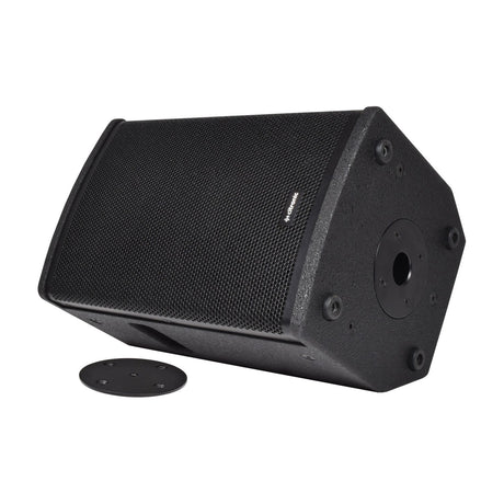 Citronic CUBA-8 passive PA speaker in black polyurea-coated finish with steel grille, pole mount socket on base and separate round mounting plate.