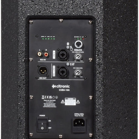 Rear panel of the Citronic CUBA-10A active PA speaker showing DSP preset LEDs, XLR and RCA inputs, level controls, power switch and IEC socket.