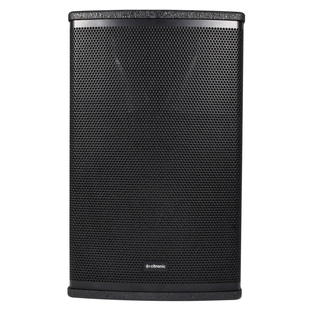 A black, rectangular Citronic CUBA-10A 10" Active Full-Range Cabinet features a perforated metal grille on the front with the brand name Citronic at the bottom center. Enhanced with a class-D amplifier, this 270W active speaker cabinet boasts a textured surface and is positioned against a plain white background.