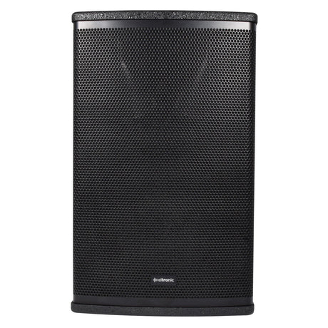 A black, rectangular Citronic CUBA-10A 10" Active Full-Range Cabinet features a perforated metal grille on the front with the brand name Citronic at the bottom center. Enhanced with a class-D amplifier, this 270W active speaker cabinet boasts a textured surface and is positioned against a plain white background.
