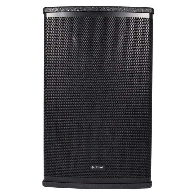 A black, rectangular Citronic CUBA-10A 10" Active Full-Range Cabinet features a perforated metal grille on the front with the brand name Citronic at the bottom center. Enhanced with a class-D amplifier, this 270W active speaker cabinet boasts a textured surface and is positioned against a plain white background.