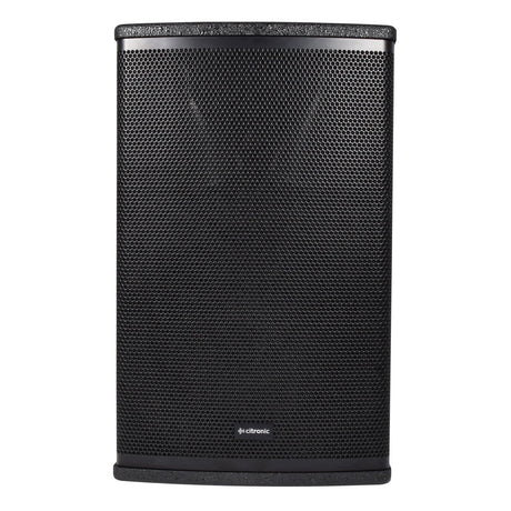 The Citronic CUBA-10 10" Passive Full-Range Cabinet - 270W is a black, rectangular speaker with a perforated metal grille at the front, showcasing a small company logo near the bottom center. It has a slightly textured surface and rounded edges, designed for effective sound reinforcement with high power-handling capabilities.