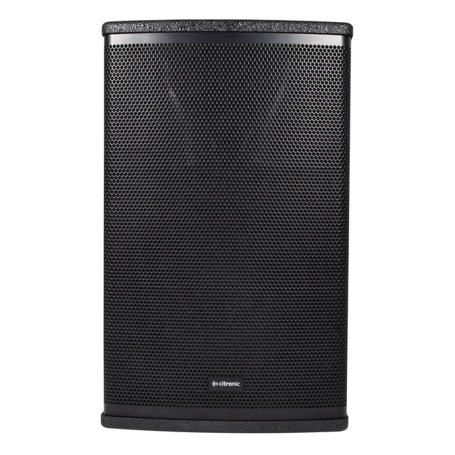 The Citronic CUBA-10 10" Passive Full-Range Cabinet - 270W is a black, rectangular speaker with a perforated metal grille at the front, showcasing a small company logo near the bottom center. It has a slightly textured surface and rounded edges, designed for effective sound reinforcement with high power-handling capabilities.