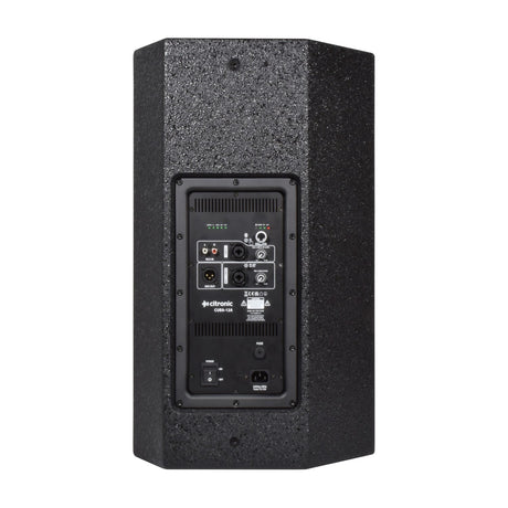 Rear view of the Citronic CUBA-12A active PA speaker showing the amplifier panel with XLR, jack and RCA inputs, level controls, power switch and IEC socket.