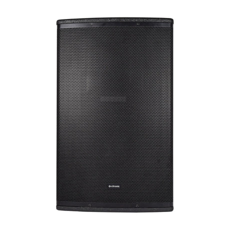 Citronic CUBA-12 passive full-range PA cabinet in black with powder-coated steel mesh grille and polyurea-coated MDF enclosure, shown front-on.