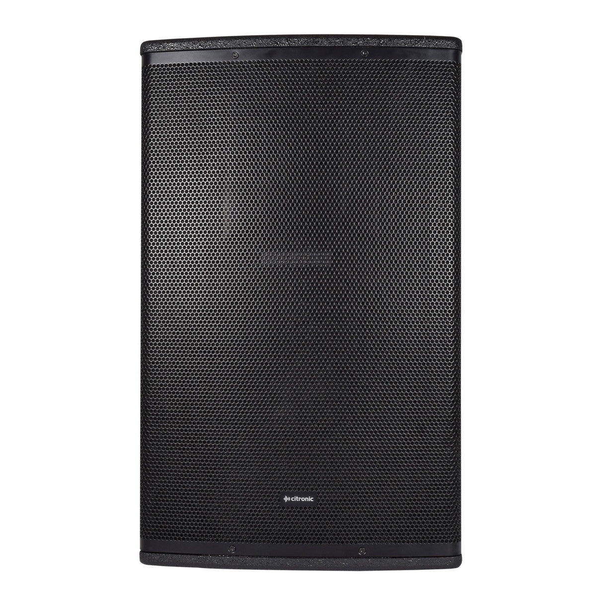 The Citronic CUBA-12, a large black full-range passive cabinet, boasts a mesh grille and a curved front panel. This rectangular speaker, designed for high power-handling with 400W capacity, showcases its small logo near the bottom center of the grille, making it ideal for sound reinforcement needs.