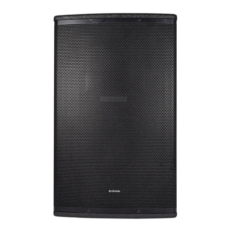 The Citronic CUBA-12, a large black full-range passive cabinet, boasts a mesh grille and a curved front panel. This rectangular speaker, designed for high power-handling with 400W capacity, showcases its small logo near the bottom center of the grille, making it ideal for sound reinforcement needs.