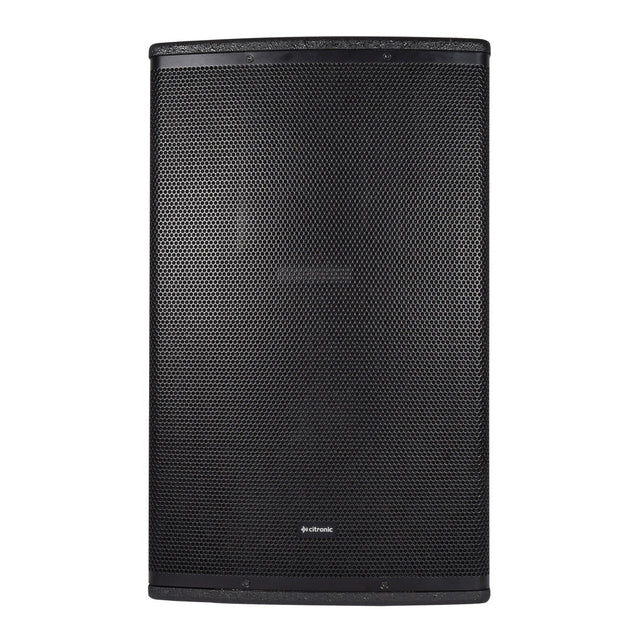 The Citronic CUBA-12, a large black full-range passive cabinet, boasts a mesh grille and a curved front panel. This rectangular speaker, designed for high power-handling with 400W capacity, showcases its small logo near the bottom center of the grille, making it ideal for sound reinforcement needs.