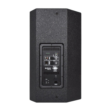 Rear view of Citronic CUBA-15A active PA speaker with textured black cabinet, showing amplifier panel with XLR, jack, RCA inputs, level controls and IEC socket.