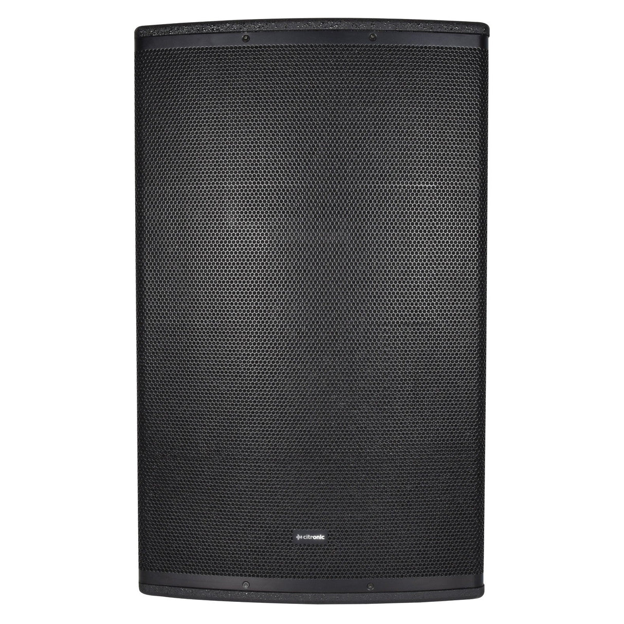 Introducing the Citronic CUBA-15A, a 15" active full-range cabinet with a powerful 450W output. This speaker features a black rectangular design with a mesh front cover and integrates seamlessly via its Bluetooth receiver. It stands vertically with a subtle logo at the bottom center, showcasing its sleek, modern design perfectly suited for professional audio setups and sound reinforcement applications.