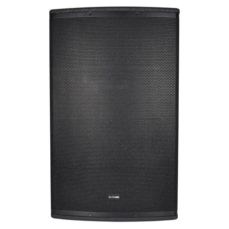 Introducing the Citronic CUBA-15A, a 15" active full-range cabinet with a powerful 450W output. This speaker features a black rectangular design with a mesh front cover and integrates seamlessly via its Bluetooth receiver. It stands vertically with a subtle logo at the bottom center, showcasing its sleek, modern design perfectly suited for professional audio setups and sound reinforcement applications.