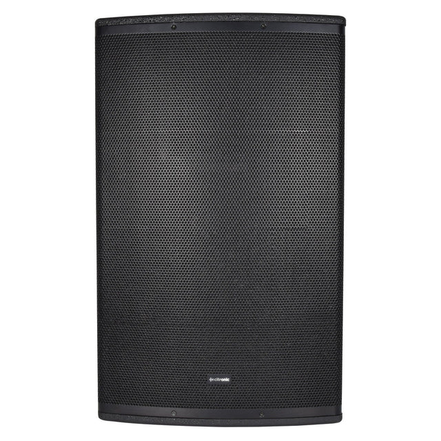 Introducing the Citronic CUBA-15A, a 15" active full-range cabinet with a powerful 450W output. This speaker features a black rectangular design with a mesh front cover and integrates seamlessly via its Bluetooth receiver. It stands vertically with a subtle logo at the bottom center, showcasing its sleek, modern design perfectly suited for professional audio setups and sound reinforcement applications.